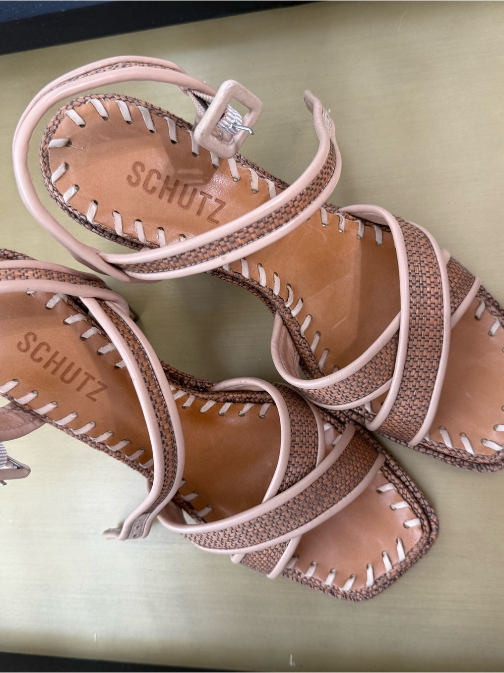SCHUTZ Nude Braided Leather Strap Heeled Sandals